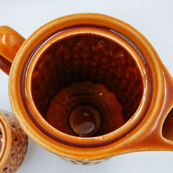 Brown Raised Diamond Pattern Footed Coffee Pot Sugar Bowl Japan Lidded Vintage - Picture 9 of 16